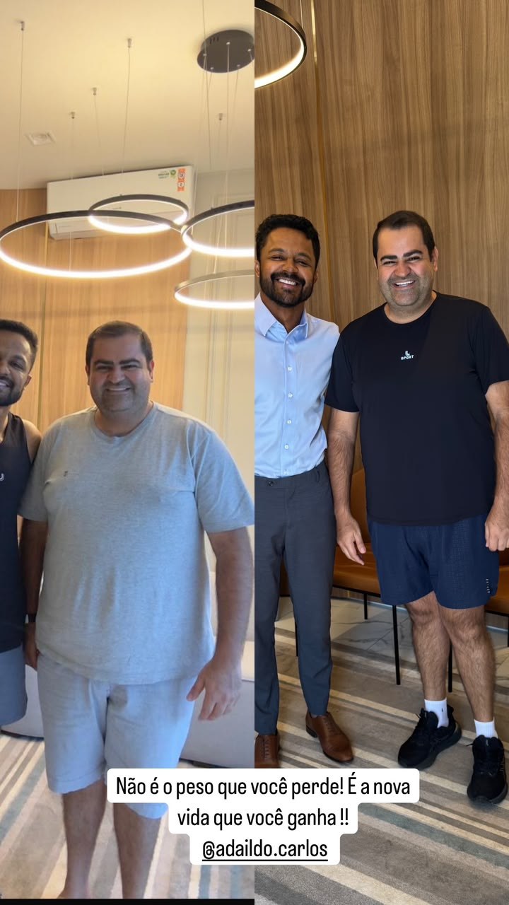 Paciente antes e depois do acompanhamento, ao lado do Dr. Jhones Araújo